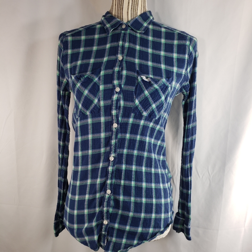 Hollister Green Blue & White Cotton Gauze Plaid Top Size Small